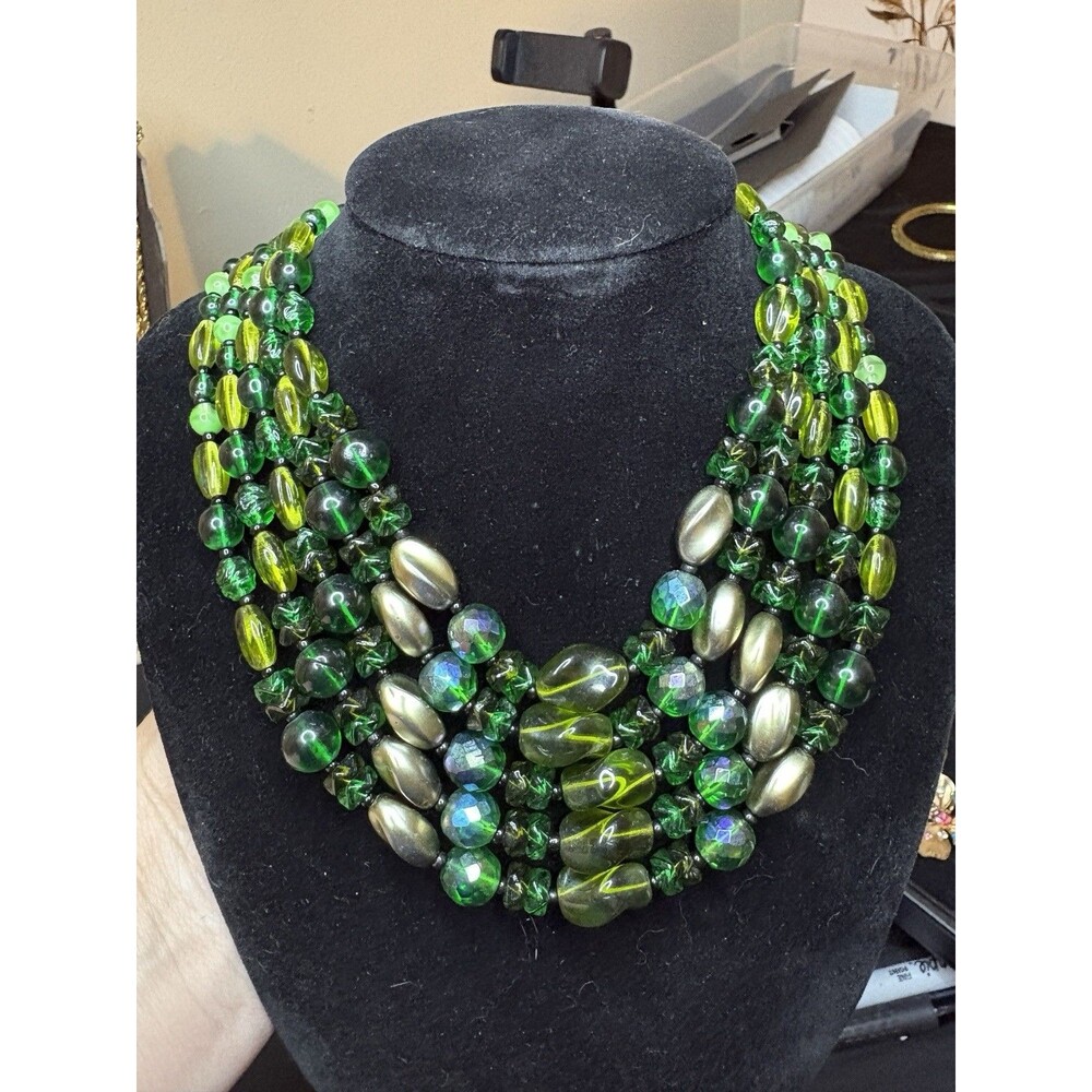 Vintage 1950s–60s W Germany 5 Strand Green AB Art Glass Bib Necklace